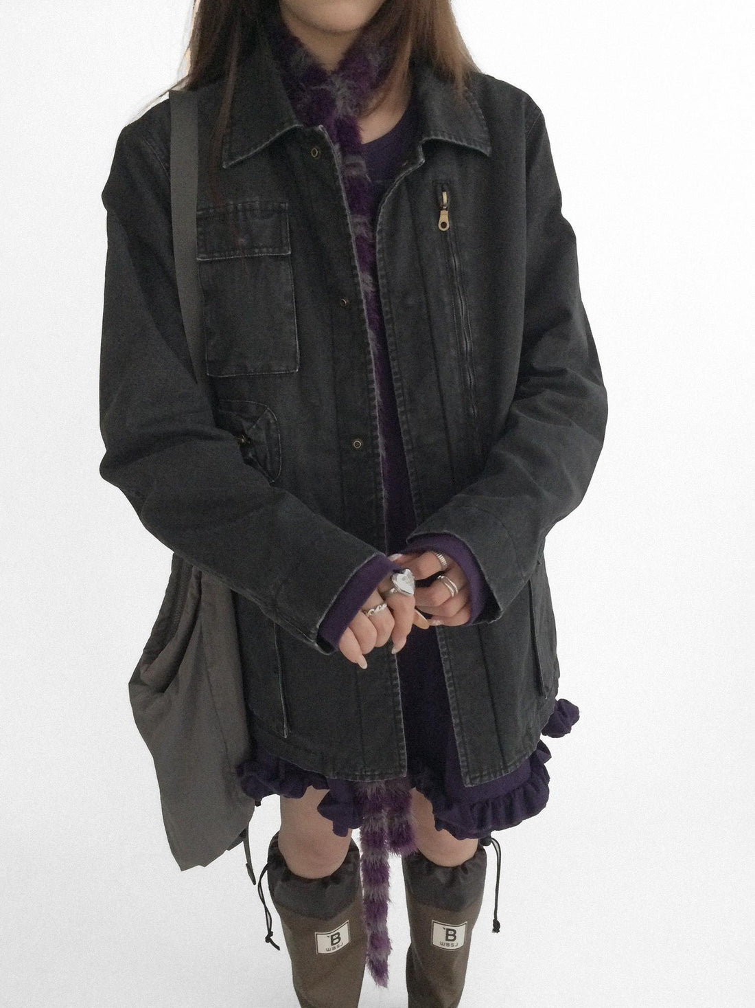 innomoood Versatile Commuter Polo Collar Single Button Washed Black Women Puffer Jacket