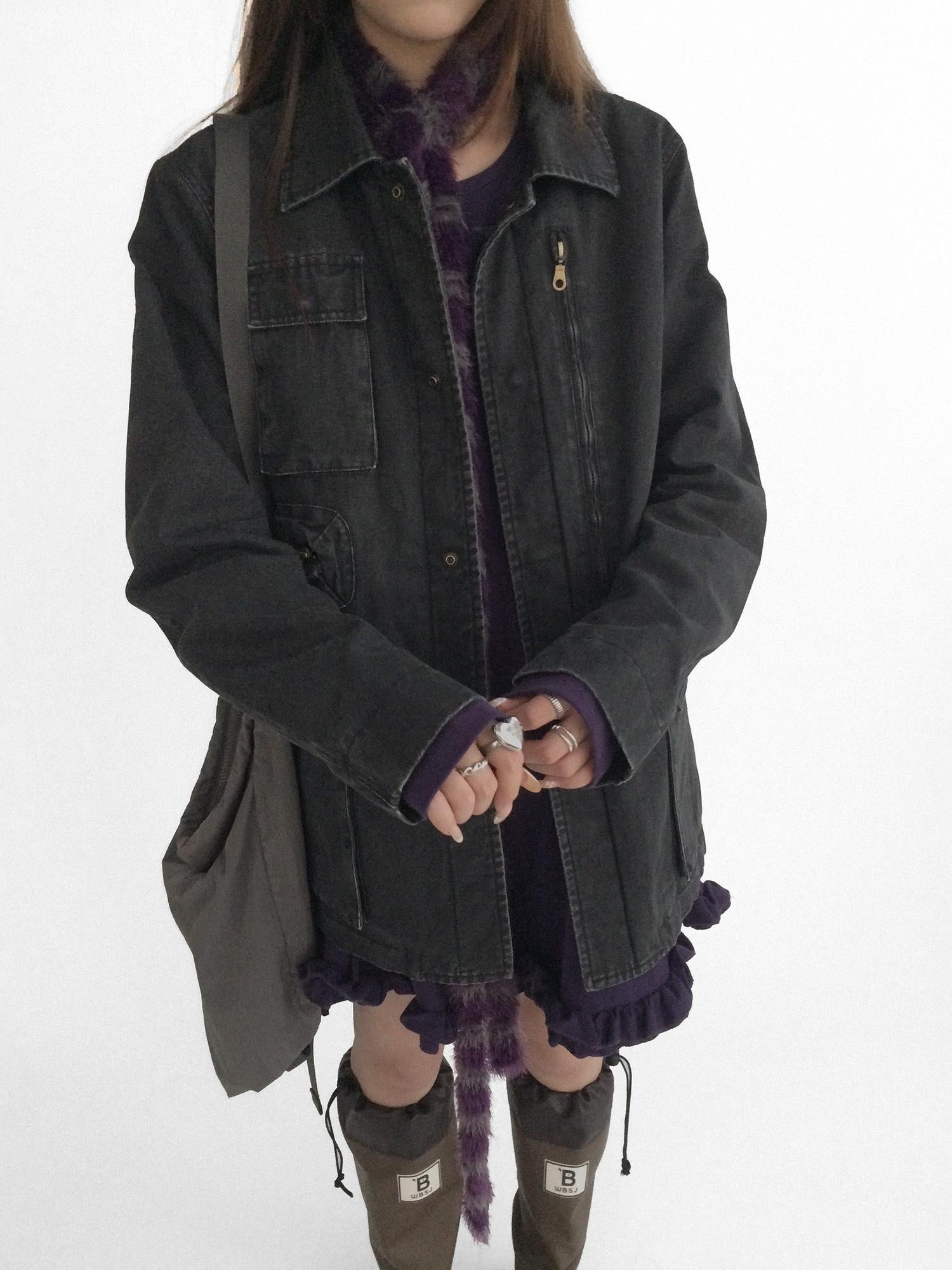 innomoood Versatile Commuter Polo Collar Single Button Washed Black Women Puffer Jacket