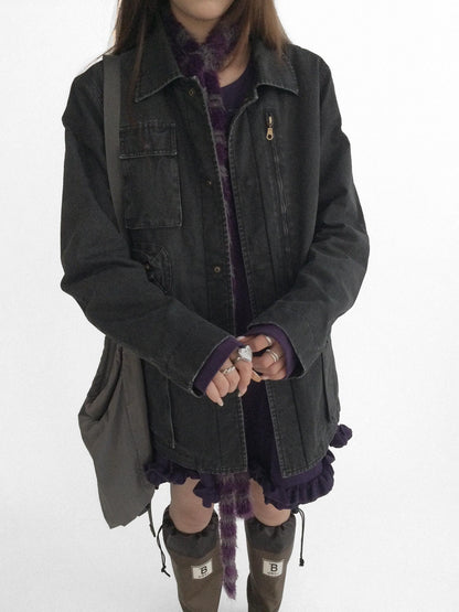 innomoood Versatile Commuter Polo Collar Single Button Washed Black Women Puffer Jacket