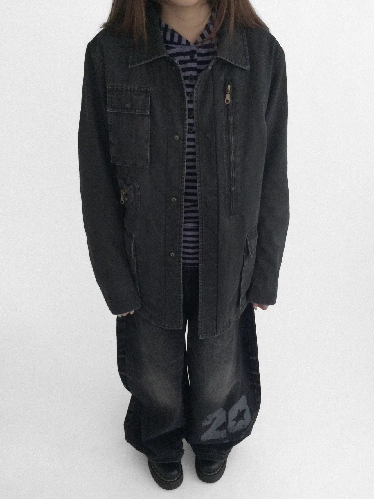 innomoood Versatile Commuter Polo Collar Single Button Washed Black Women Puffer Jacket