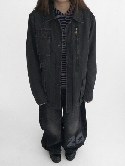 innomoood Versatile Commuter Polo Collar Single Button Washed Black Women Puffer Jacket