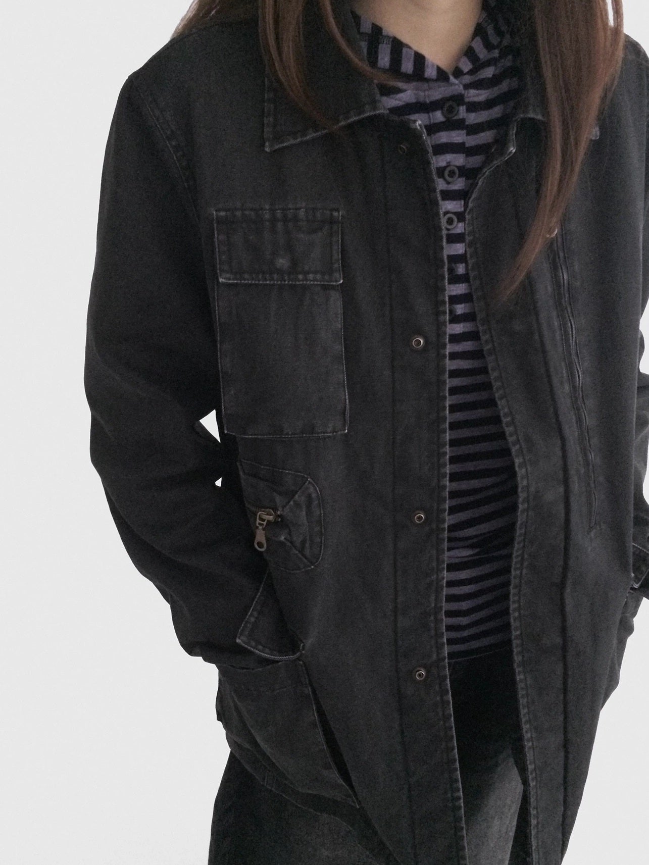 innomoood Versatile Commuter Polo Collar Single Button Washed Black Women Puffer Jacket