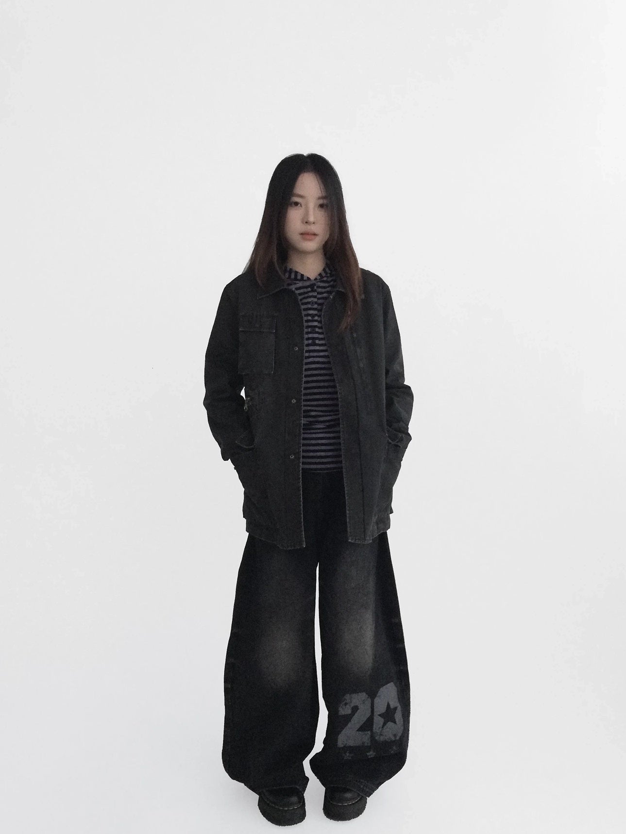 innomoood Versatile Commuter Polo Collar Single Button Washed Black Women Puffer Jacket