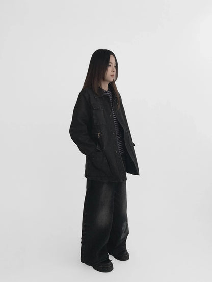 innomoood Versatile Commuter Polo Collar Single Button Washed Black Women Puffer Jacket