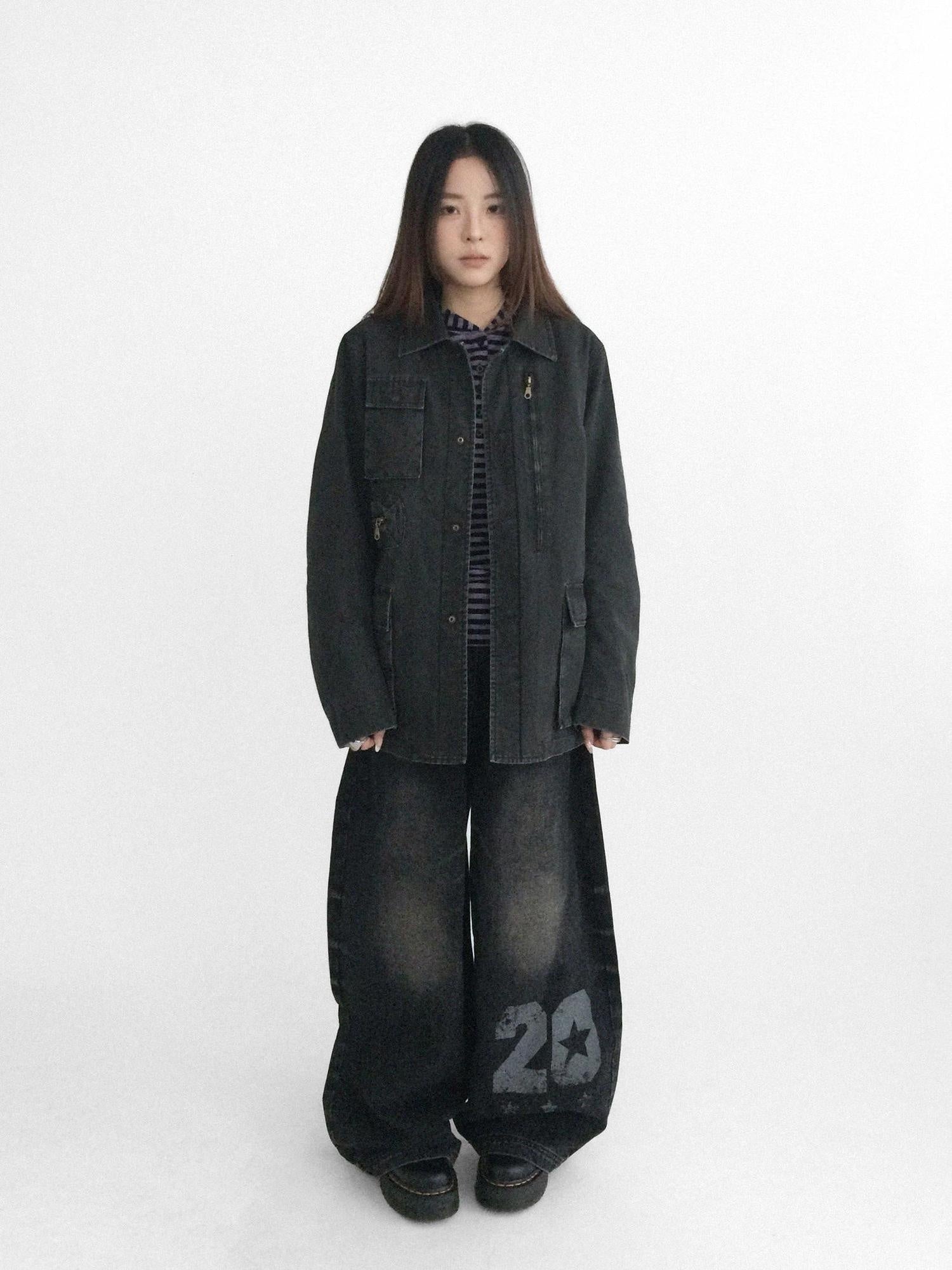 innomoood Versatile Commuter Polo Collar Single Button Washed Black Women Puffer Jacket