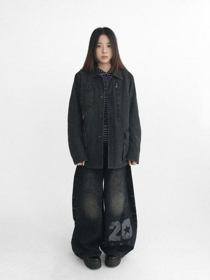 innomoood Versatile Commuter Polo Collar Single Button Washed Black Women Puffer Jacket