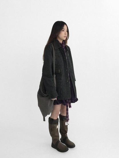 innomoood Versatile Commuter Polo Collar Single Button Washed Black Women Puffer Jacket