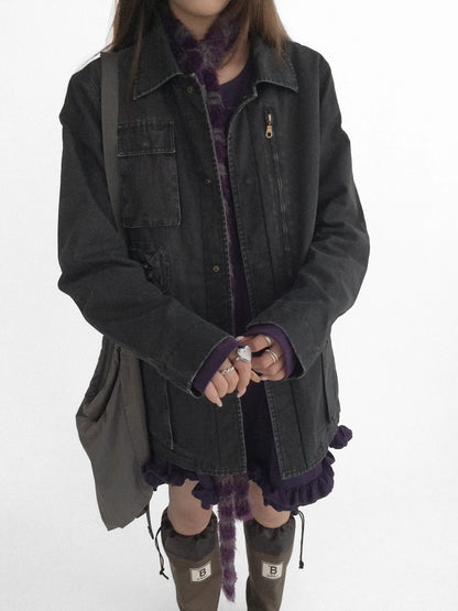 innomoood Versatile Commuter Polo Collar Single Button Washed Black Women Puffer Jacket