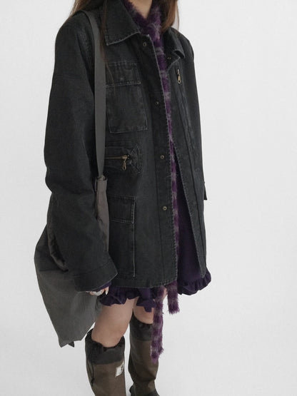 innomoood Versatile Commuter Polo Collar Single Button Washed Black Women Puffer Jacket