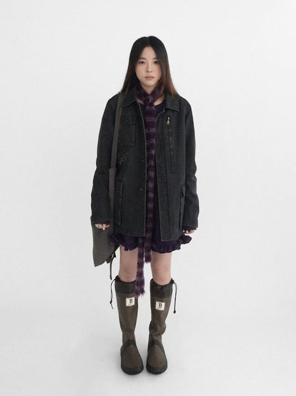 innomoood Versatile Commuter Polo Collar Single Button Washed Black Women Puffer Jacket