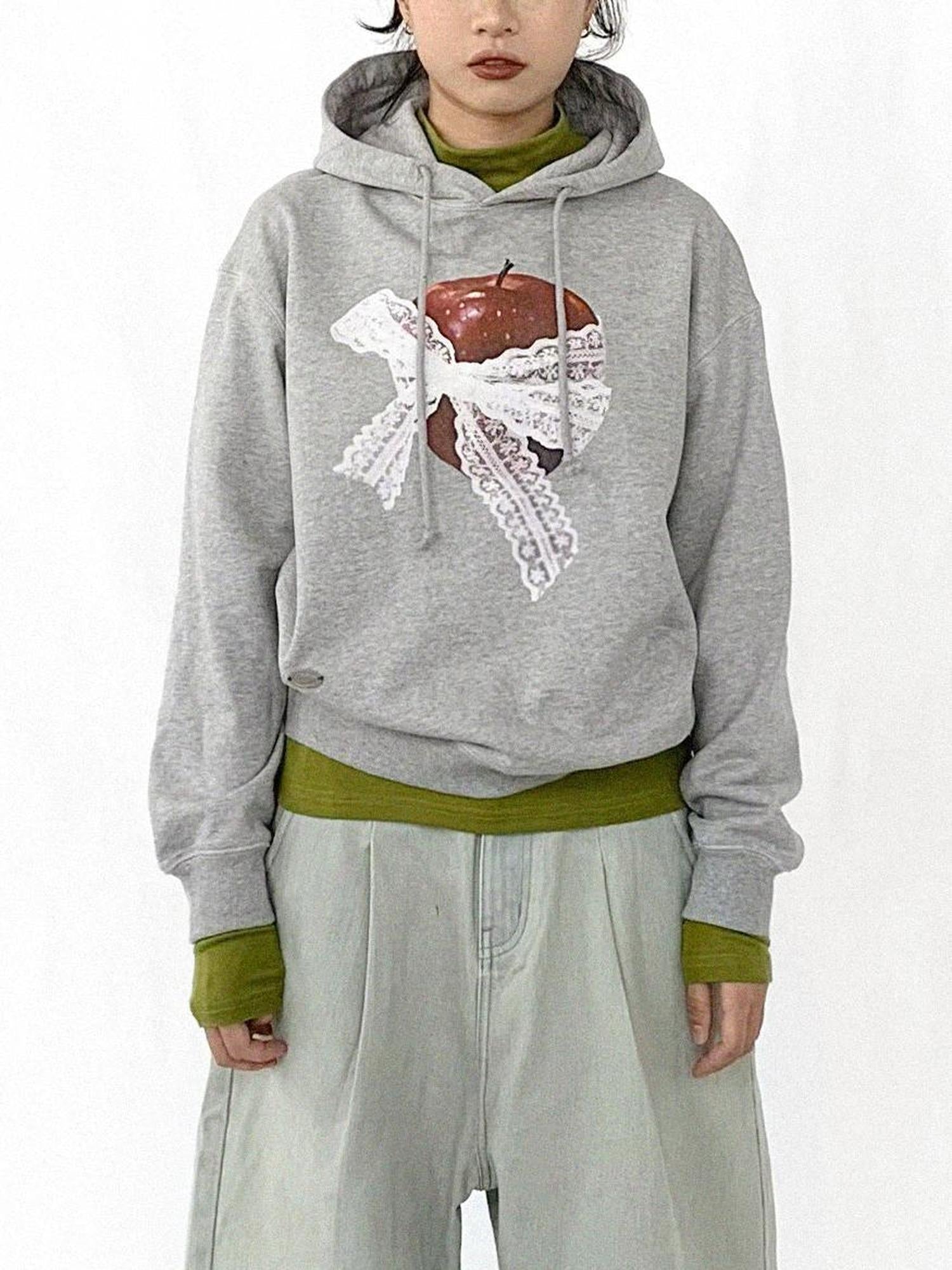 innomoood Vintage Apple Lace Bow Hoodie