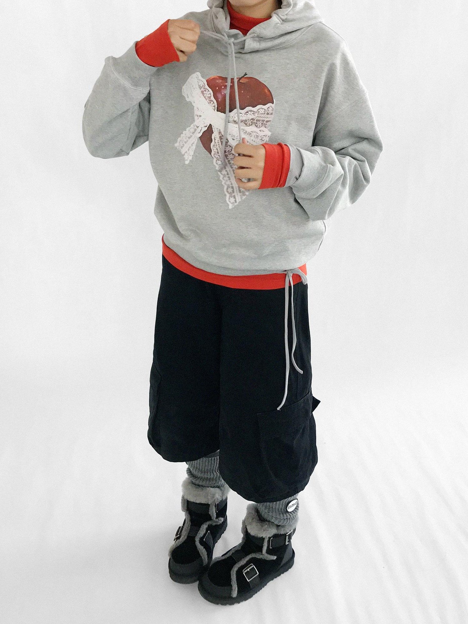 innomoood Vintage Apple Lace Bow Hoodie