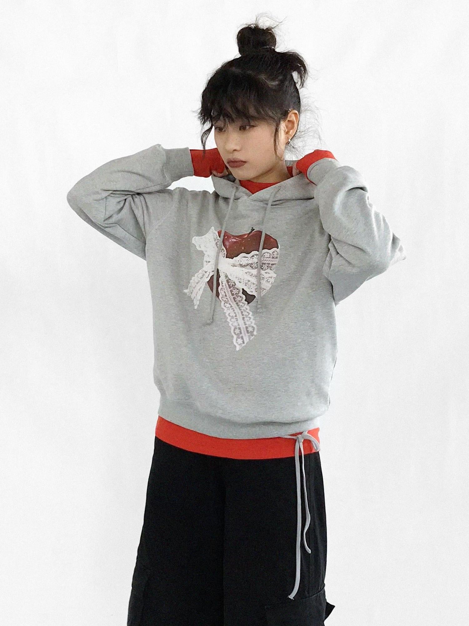 innomoood Vintage Apple Lace Bow Hoodie