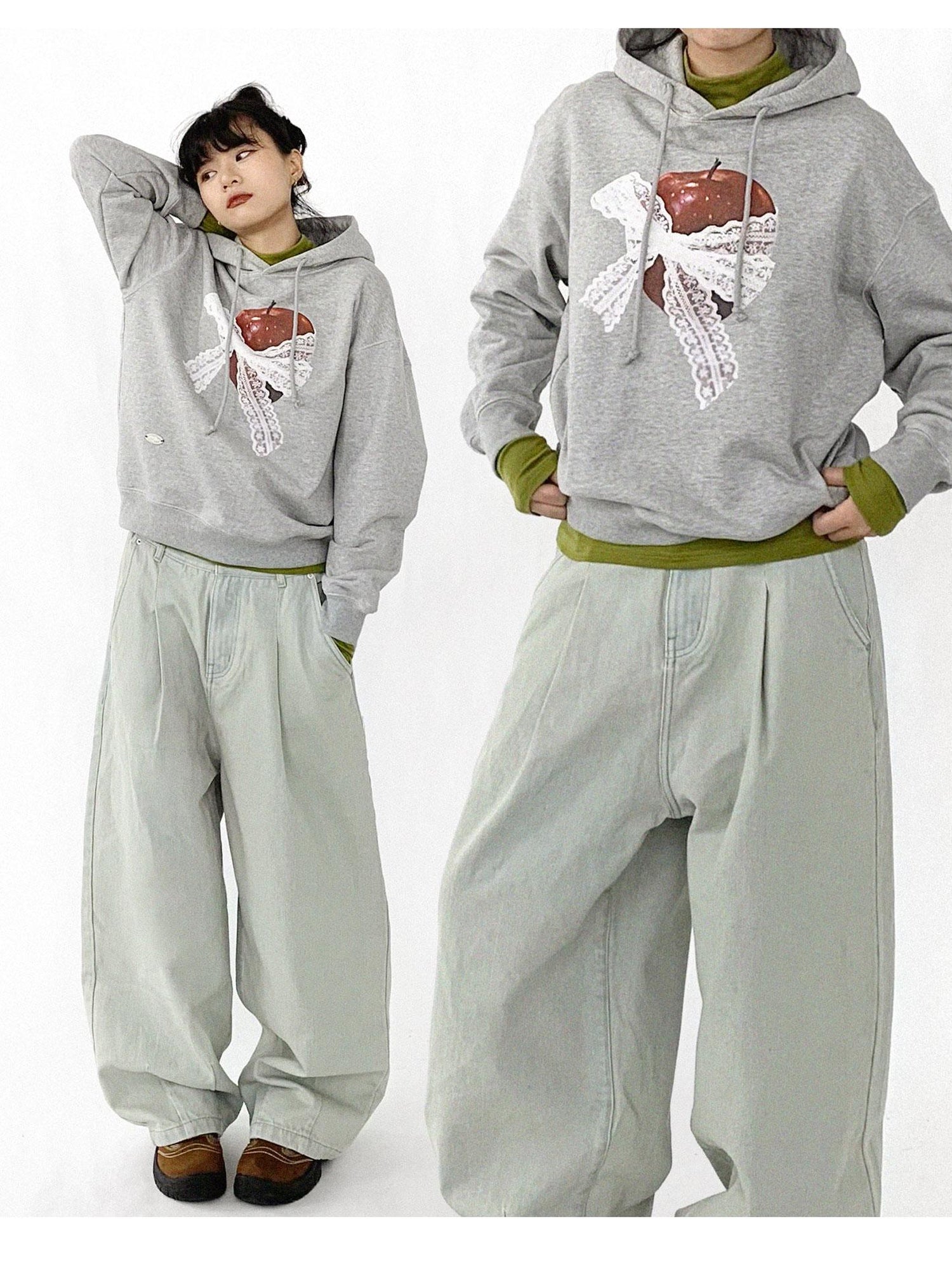innomoood Vintage Apple Lace Bow Hoodie