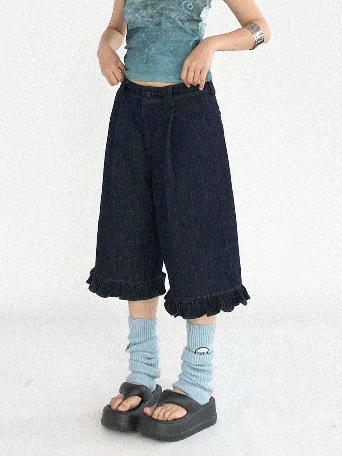 innomoood Vintage Blue Denim Flared Crop Jeans