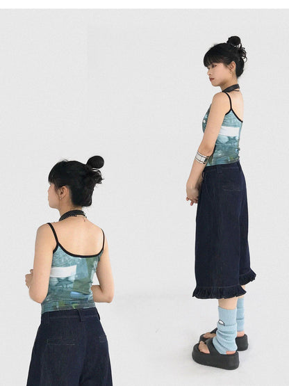 innomoood Vintage Blue Denim Flared Crop Jeans