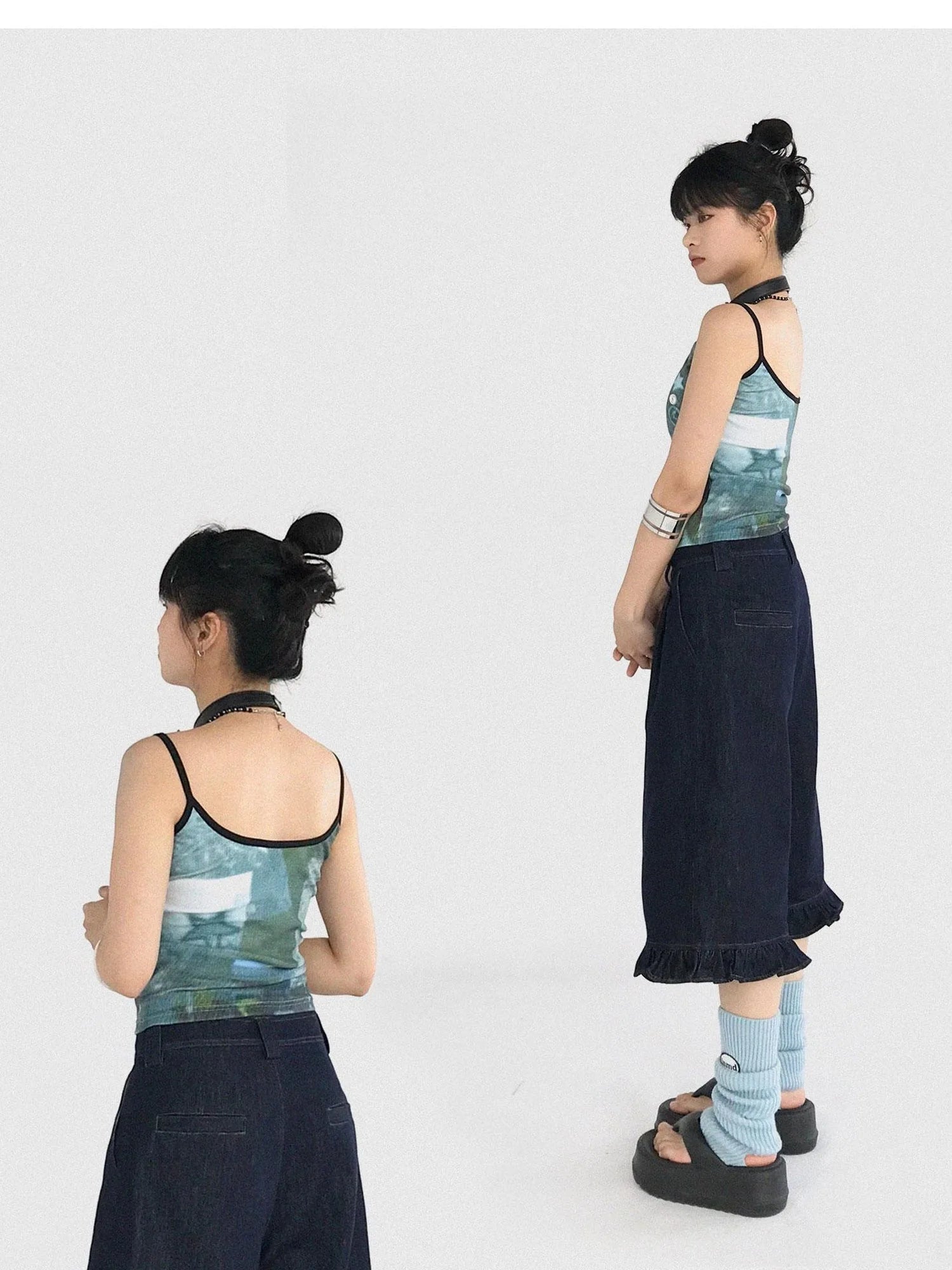 Vintage Blue Denim Flared Crop Jeans