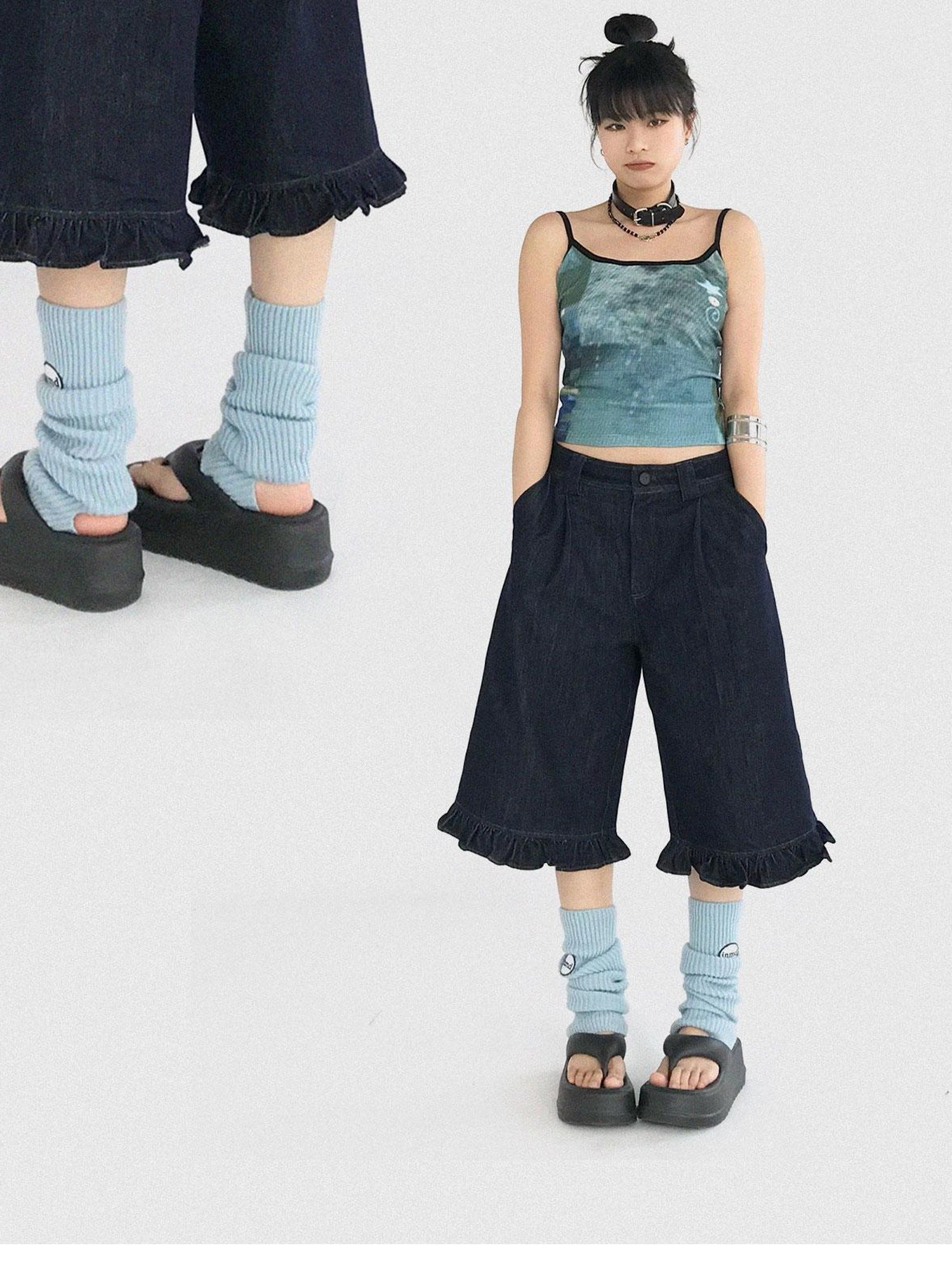 innomoood Vintage Blue Denim Flared Crop Jeans