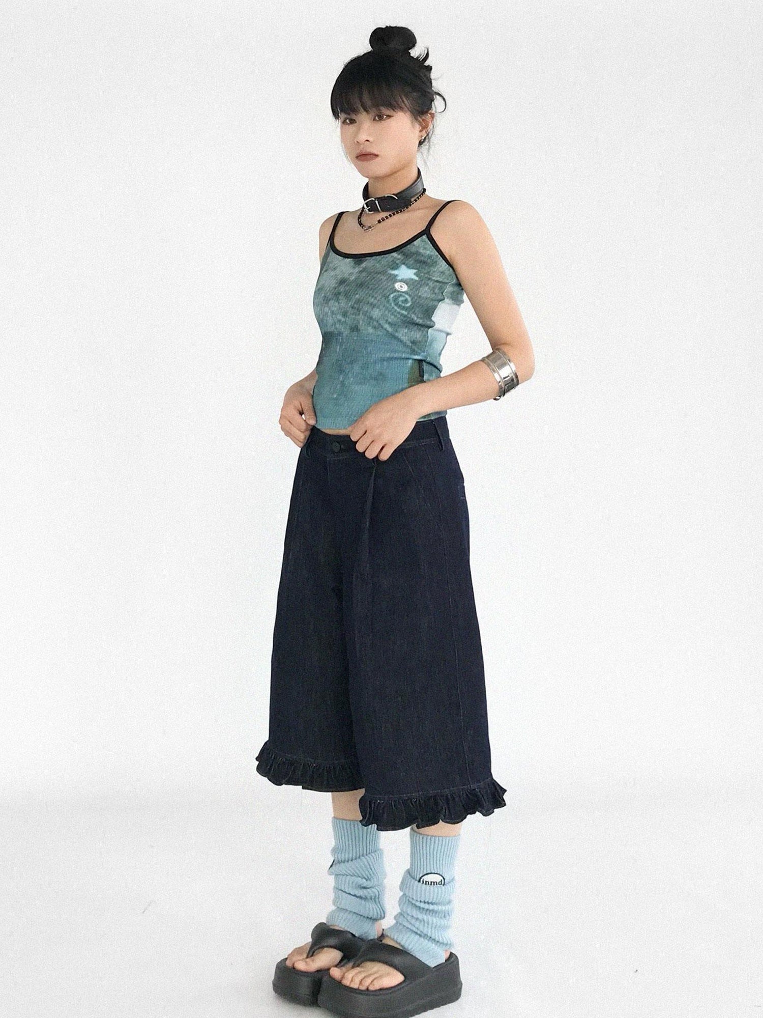 innomoood Vintage Blue Denim Flared Crop Jeans
