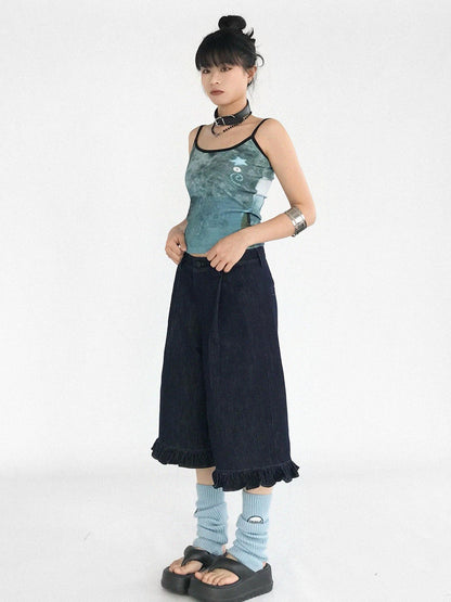 innomoood Vintage Blue Denim Flared Crop Jeans