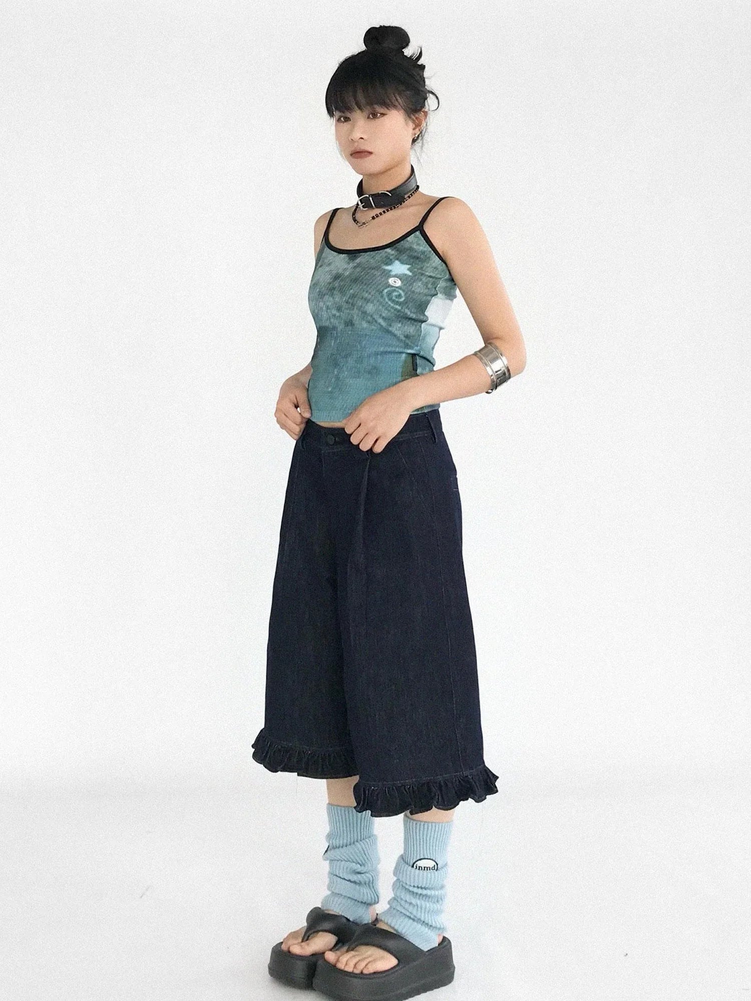 Vintage Blue Denim Flared Crop Jeans