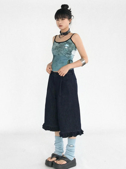 Vintage Blue Denim Flared Crop Jeans