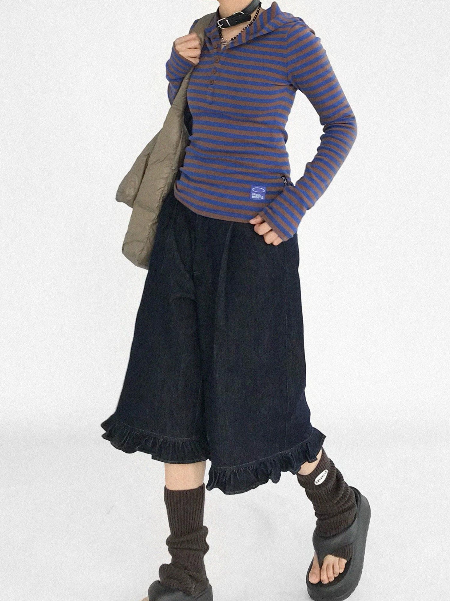 innomoood Vintage Blue Denim Flared Crop Jeans