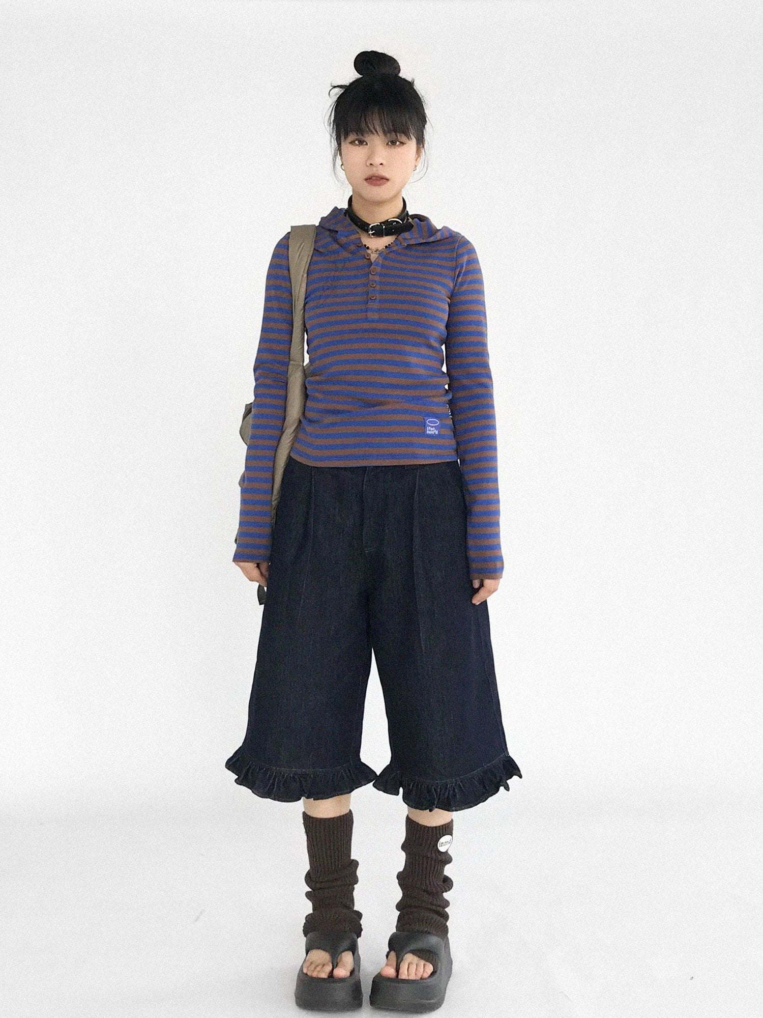 innomoood Vintage Blue Denim Flared Crop Jeans