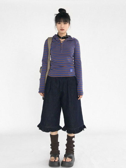 innomoood Vintage Blue Denim Flared Crop Jeans