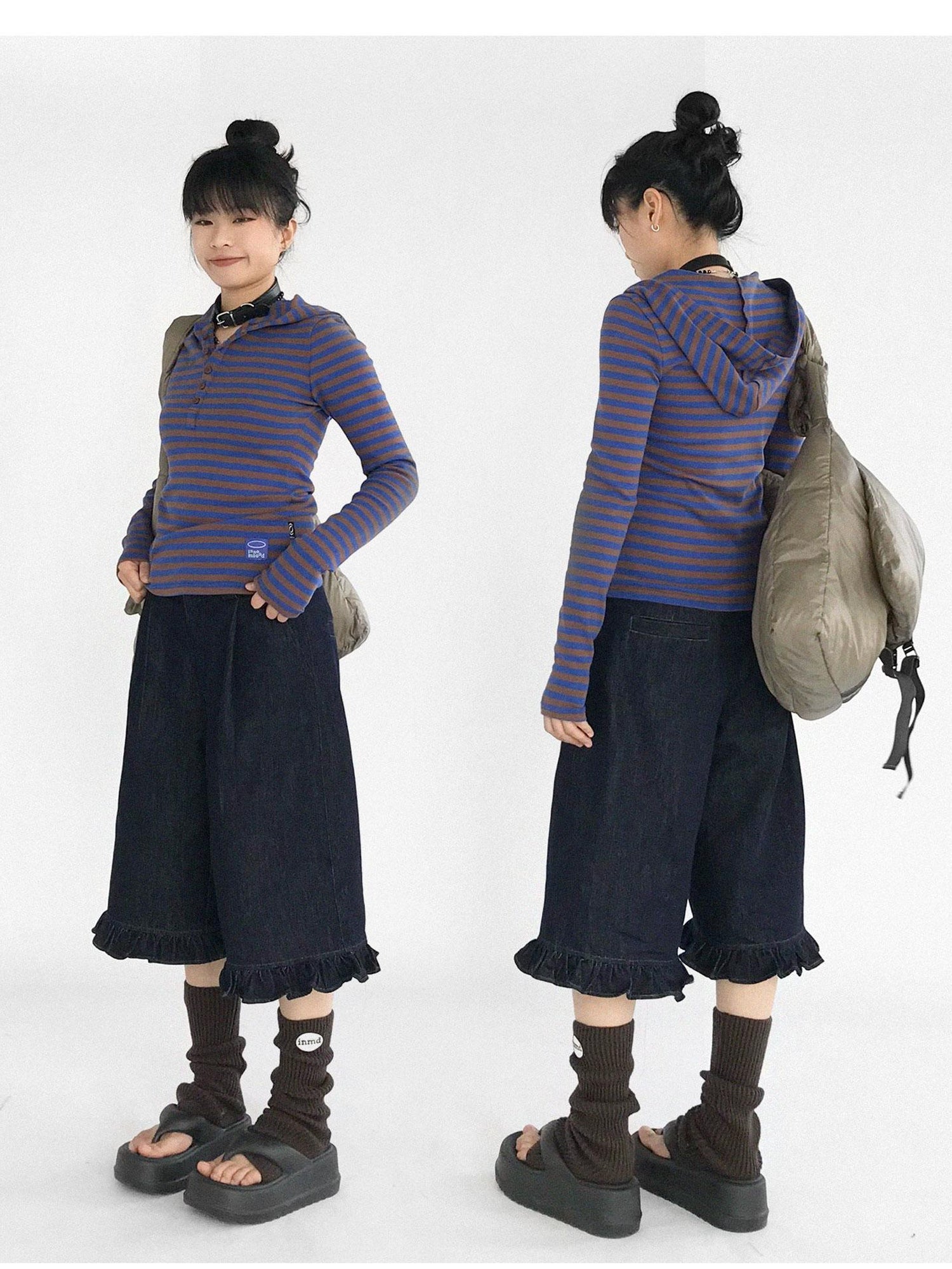 innomoood Vintage Blue Denim Flared Crop Jeans