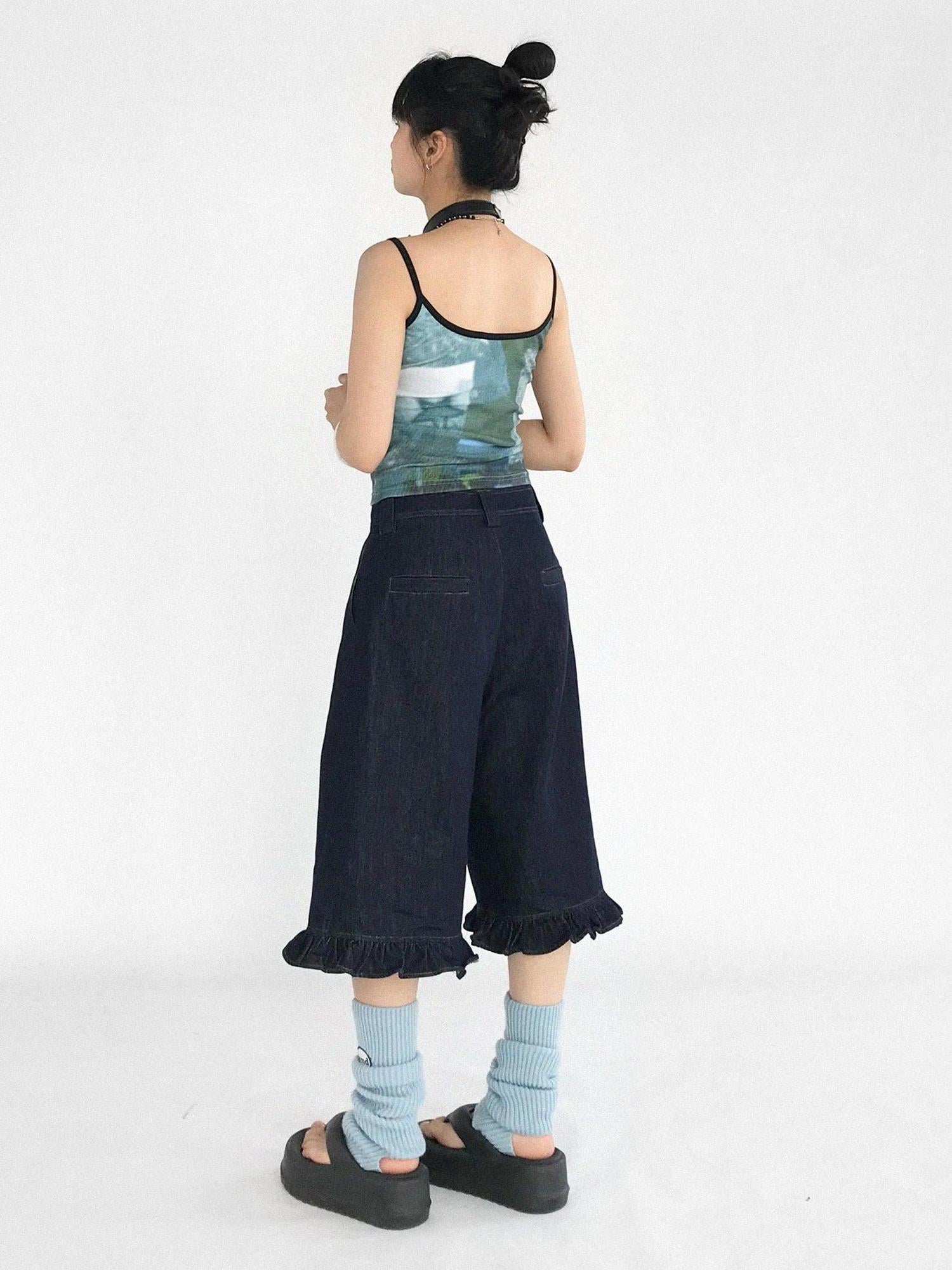 innomoood Vintage Blue Denim Flared Crop Jeans