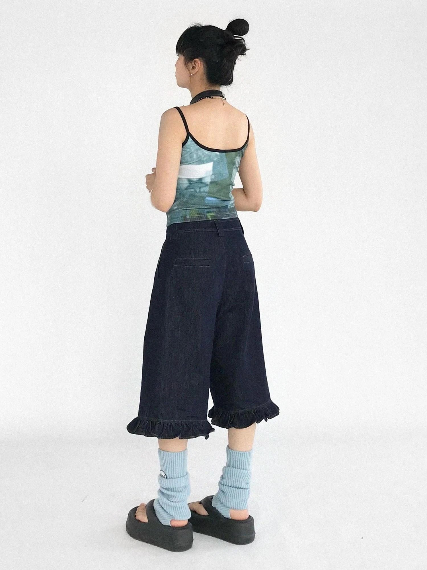 Vintage Blue Denim Flared Crop Jeans