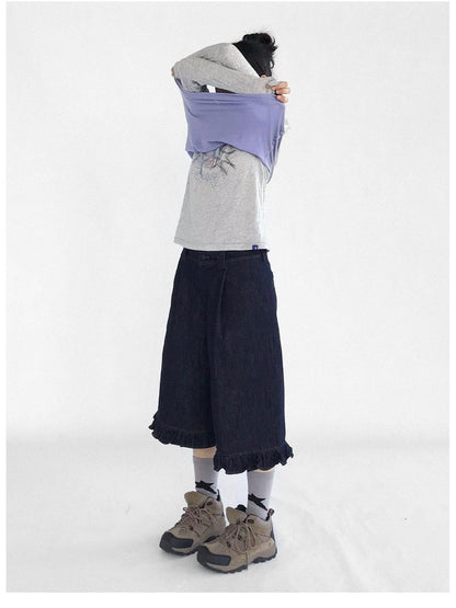 innomoood Vintage Blue Denim Flared Crop Jeans