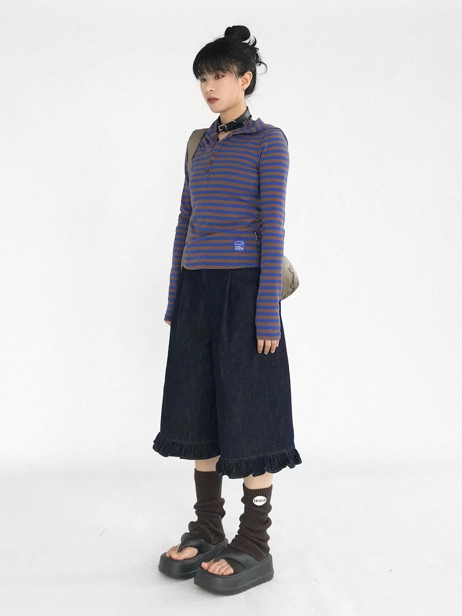 innomoood Vintage Blue Denim Flared Crop Jeans