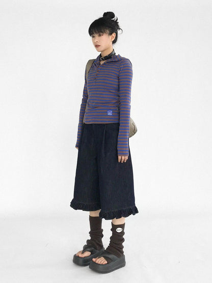 innomoood Vintage Blue Denim Flared Crop Jeans