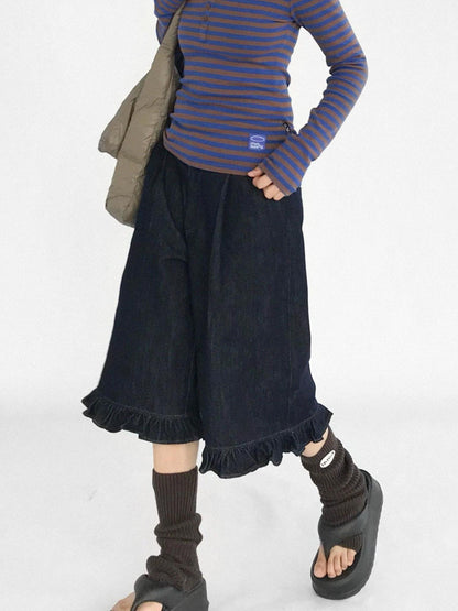 innomoood Vintage Blue Denim Flared Crop Jeans