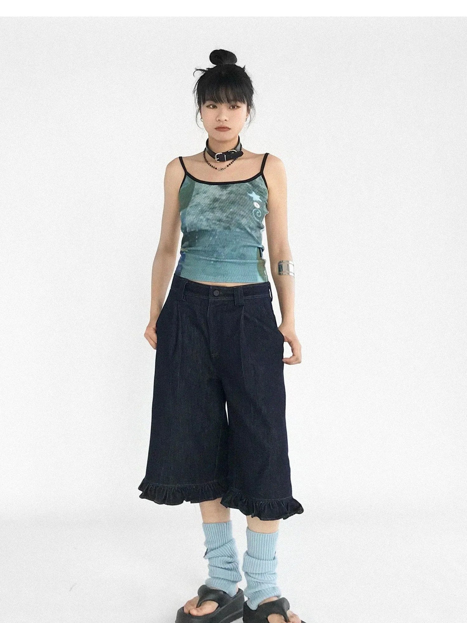 Vintage Blue Denim Flared Crop Jeans