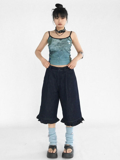 innomoood Vintage Blue Denim Flared Crop Jeans