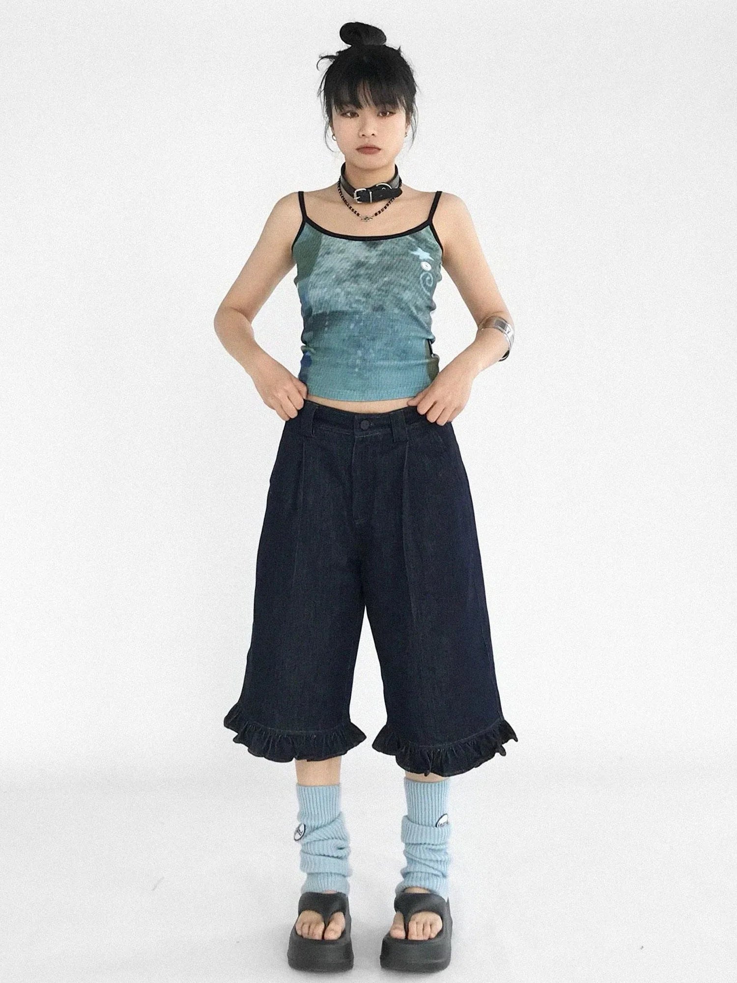 Vintage Blue Denim Flared Crop Jeans