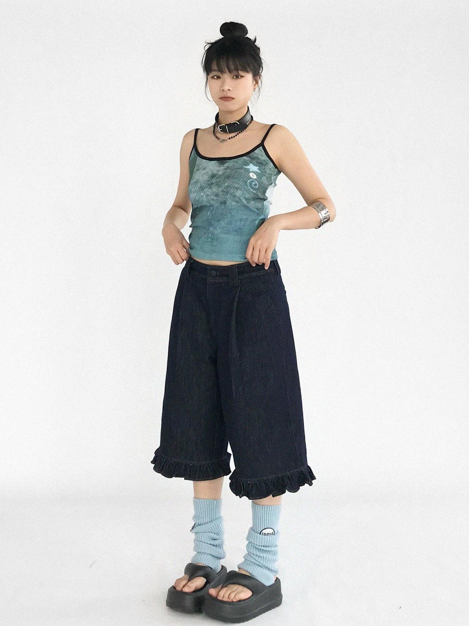 innomoood Vintage Blue Denim Flared Crop Jeans