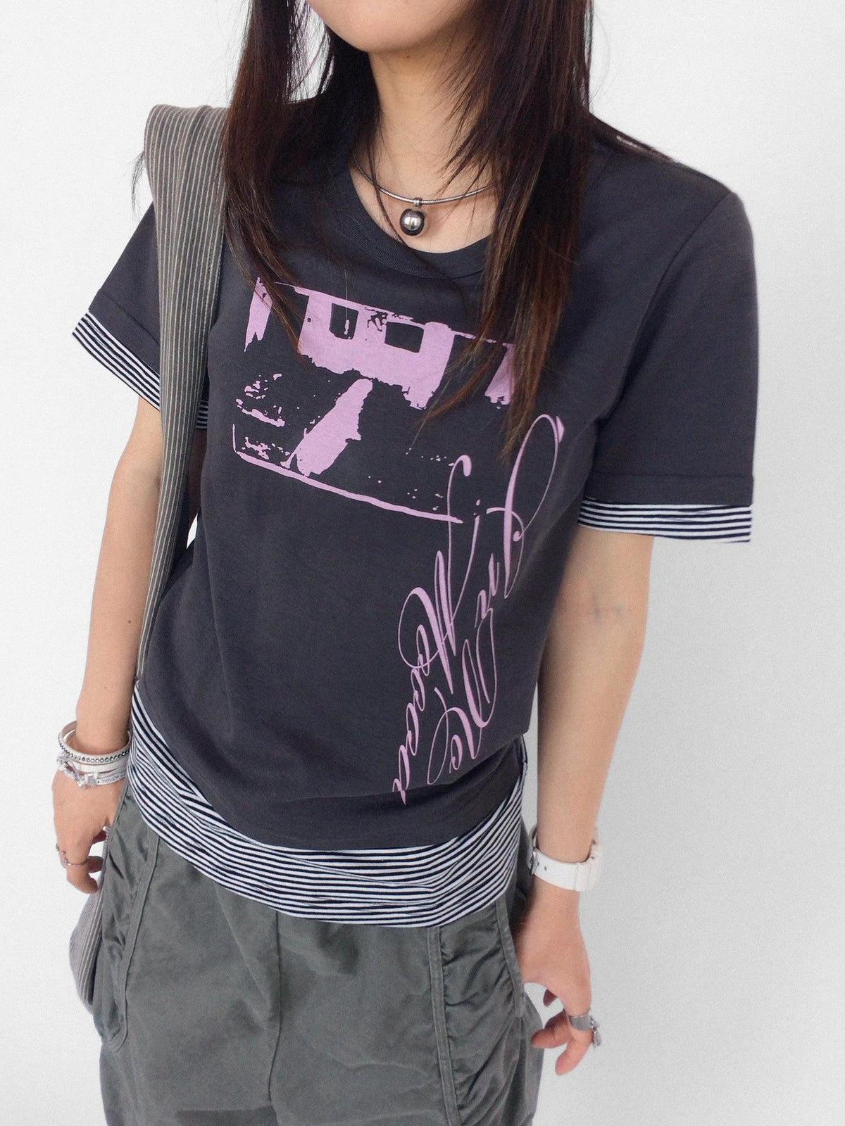 innomoood Vintage Distressed Print Striped Panel Women&