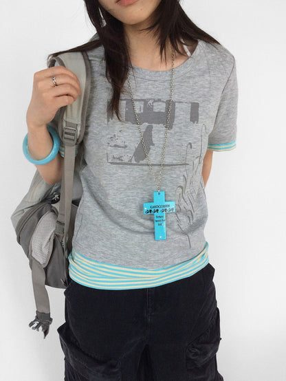 innomoood Vintage Distressed Print Striped Panel Women&