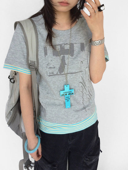 innomoood Vintage Distressed Print Striped Panel Women&