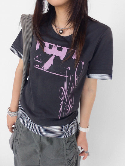 innomoood Vintage Distressed Print Striped Panel Women&