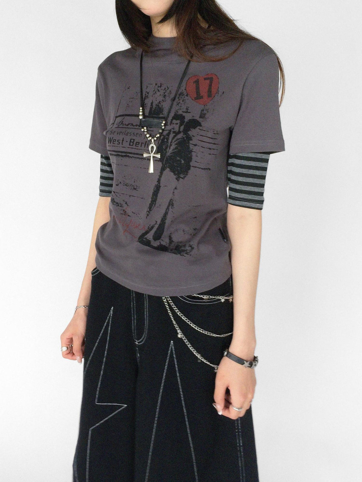 innomoood Vintage Film Print Patchwork Striped Hooded Women&