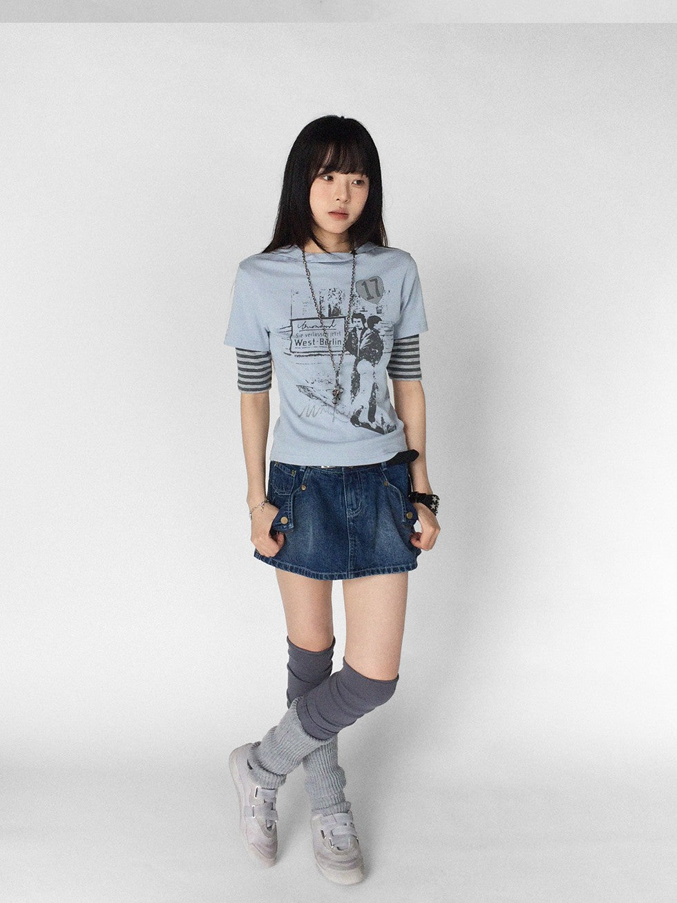 innomoood Vintage Film Print Patchwork Striped Hooded Women&