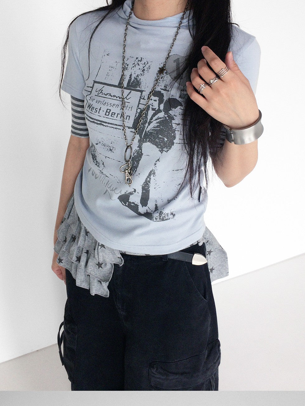 innomoood Vintage Film Print Patchwork Striped Hooded Women&
