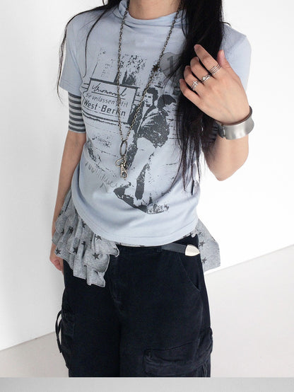 innomoood Vintage Film Print Patchwork Striped Hooded Women&