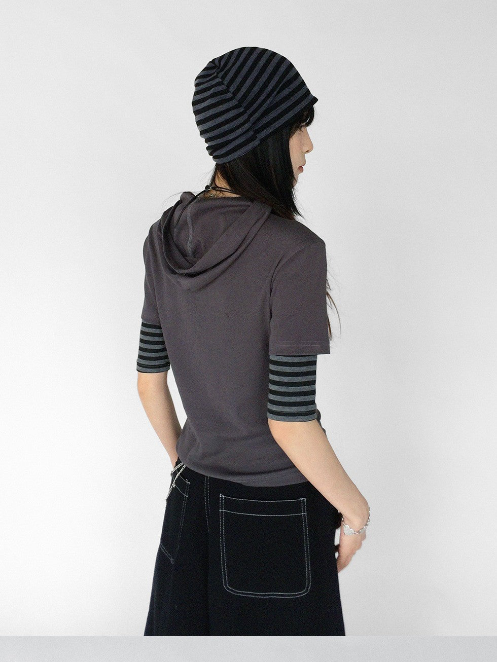 innomoood Vintage Film Print Patchwork Striped Hooded Women&