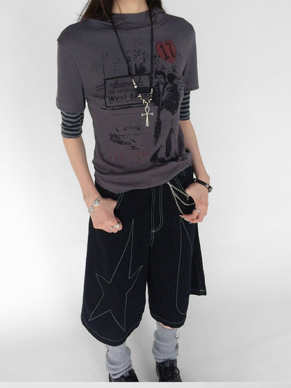 innomoood Vintage Film Print Patchwork Striped Hooded Women&